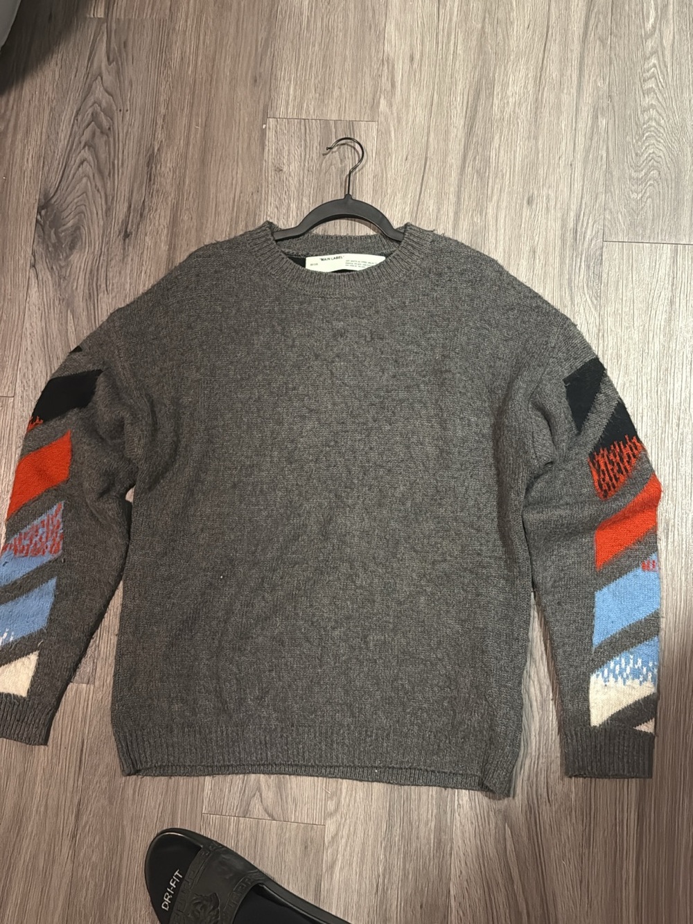 Off-White Gray Crewneck Sweater with Multicolor Chevron Sleeves